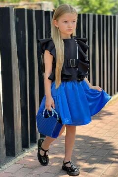 Kız Çocuk Asimetrik Kesim Kemer Detaylı Bluz Mavi Etekli Takım