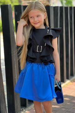 Kız Çocuk Asimetrik Kesim Kemer Detaylı Bluz Mavi Etekli Takım