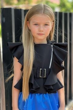 Kız Çocuk Asimetrik Kesim Kemer Detaylı Bluz Mavi Etekli Takım