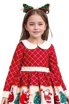 Kız Çocuk Ekose Detaylı Noel Baba Baskılı Bebe Yaka Noel Kırmızı Elbise