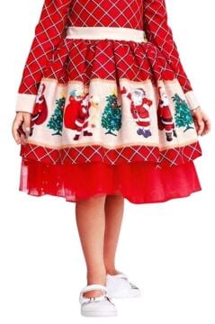 Kız Çocuk Ekose Detaylı Noel Baba Baskılı Bebe Yaka Noel Kırmızı Elbise