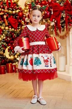 Kız Çocuk Ekose Detaylı Noel Baba Baskılı Bebe Yaka Noel Kırmızı Elbise
