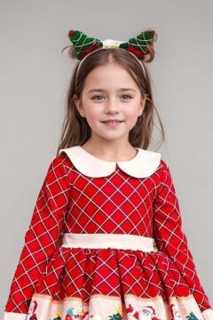 Kız Çocuk Ekose Detaylı Noel Baba Baskılı Bebe Yaka Noel Kırmızı Elbise
