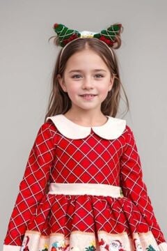 Kız Çocuk Ekose Detaylı Noel Baba Baskılı Bebe Yaka Noel Kırmızı Elbise