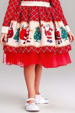 Kız Çocuk Ekose Detaylı Noel Baba Baskılı Bebe Yaka Noel Kırmızı Elbise