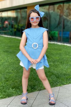 Kız Çocuk Sıfır Kol Asimetik Kesim Kemerli Mavi Tunik Şortlu Takım