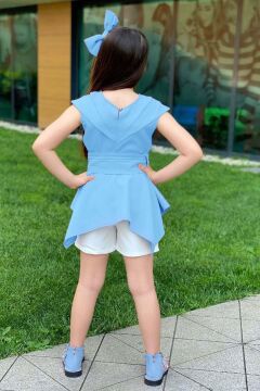 Kız Çocuk Sıfır Kol Asimetik Kesim Kemerli Mavi Tunik Şortlu Takım