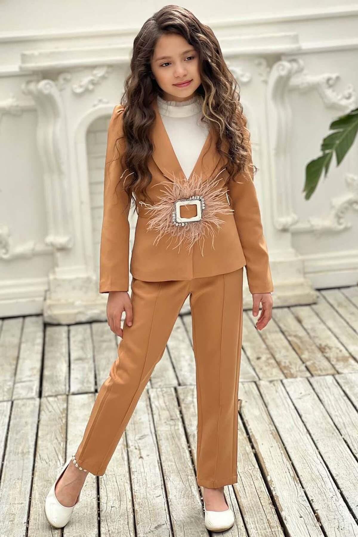 Kız Çocuk Yakası Fırfır Tüllü Dik Yaka Kazak Blazer Ceket Kırçılı Kemer Kahverengi Alt Üst Takım