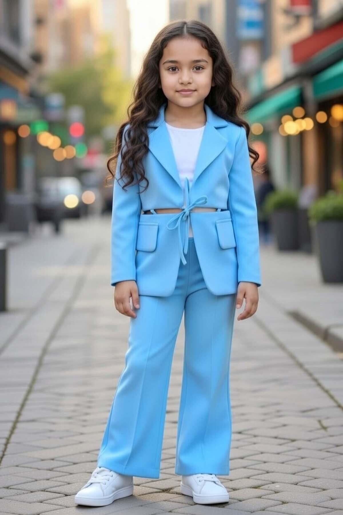 Kız Çocuk Cep ve Yırtmaç Detay Blazer Ceket Penye T-Shirt ve Bol Kesim Pantolon Mavi Alt Üst Takım