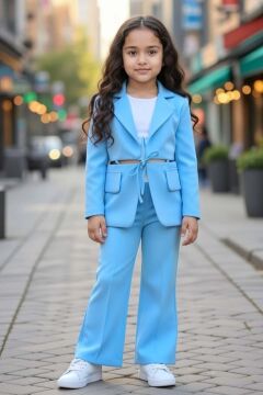 Kız Çocuk Cep ve Yırtmaç Detay Blazer Ceket Penye T-Shirt ve Bol Kesim Pantolon Mavi Alt Üst Takım