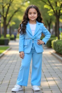 Kız Çocuk Cep ve Yırtmaç Detay Blazer Ceket Penye T-Shirt ve Bol Kesim Pantolon Mavi Alt Üst Takım