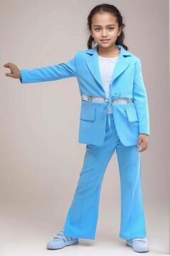 Kız Çocuk Cep ve Yırtmaç Detay Blazer Ceket Penye T-Shirt ve Bol Kesim Pantolon Mavi Alt Üst Takım