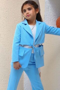 Kız Çocuk Cep ve Yırtmaç Detay Blazer Ceket Penye T-Shirt ve Bol Kesim Pantolon Mavi Alt Üst Takım