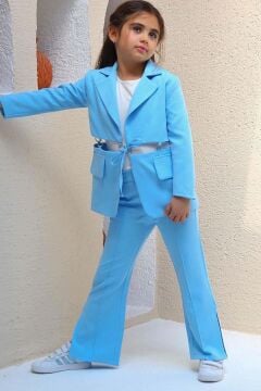 Kız Çocuk Cep ve Yırtmaç Detay Blazer Ceket Penye T-Shirt ve Bol Kesim Pantolon Mavi Alt Üst Takım