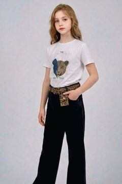 Kız Çocuk Leopar Detaylı Tişört ve Yırtmaçlı Geniş Paça Kot Pantolonlu Mavi Blazer Ceketli Alt Üst Takım