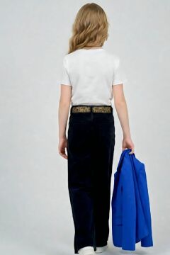 Kız Çocuk Leopar Detaylı Tişört ve Yırtmaçlı Geniş Paça Kot Pantolonlu Mavi Blazer Ceketli Alt Üst Takım