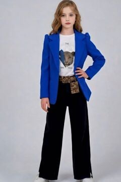 Kız Çocuk Leopar Detaylı Tişört ve Yırtmaçlı Geniş Paça Kot Pantolonlu Mavi Blazer Ceketli Alt Üst Takım