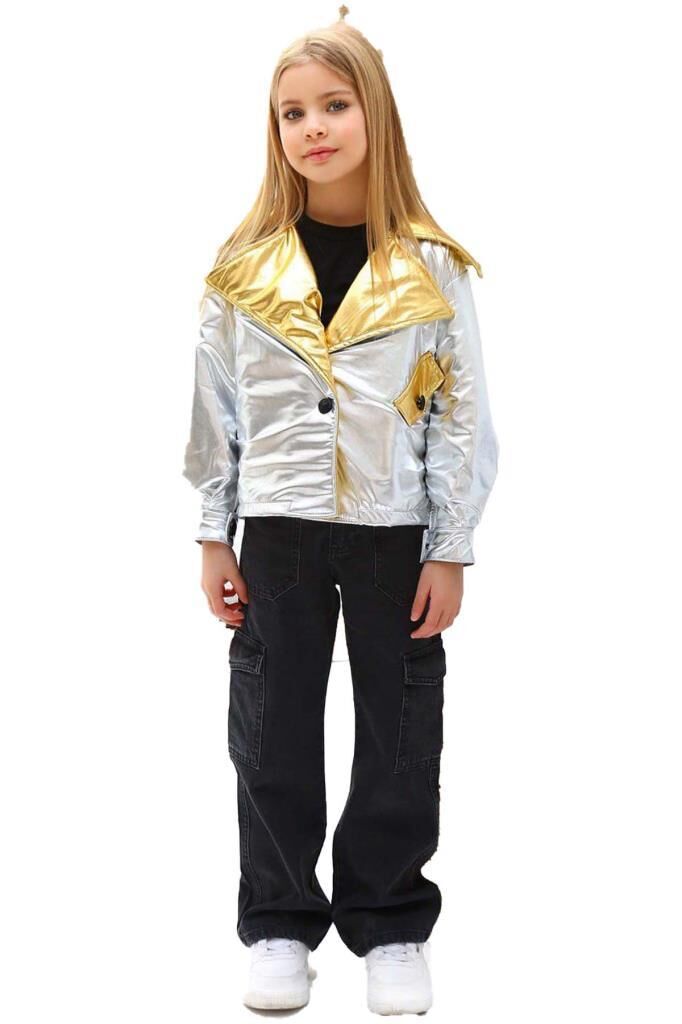 Kız Çocuk Parlak Ceket ve Jean Kargo Cepli Pantolon Gümüş Alt Üst Takım