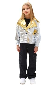 Kız Çocuk Parlak Ceket ve Jean Kargo Cepli Pantolon Gümüş Alt Üst Takım