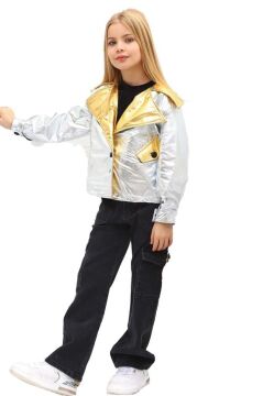 Kız Çocuk Parlak Ceket ve Jean Kargo Cepli Pantolon Gümüş Alt Üst Takım