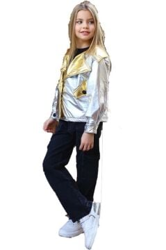 Kız Çocuk Parlak Ceket ve Jean Kargo Cepli Pantolon Gümüş Alt Üst Takım