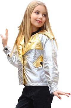 Kız Çocuk Parlak Ceket ve Jean Kargo Cepli Pantolon Gümüş Alt Üst Takım