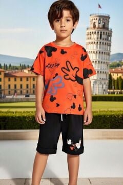 Erkek Çocuk Bisiklet Yaka Üzeri El ve Ayıcık Baskılı Turuncu Şortlu Takım