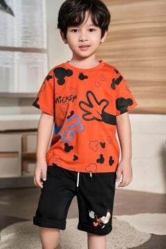 Erkek Çocuk Bisiklet Yaka Üzeri El ve Ayıcık Baskılı Turuncu Şortlu Takım