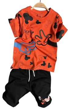 Erkek Çocuk Bisiklet Yaka Üzeri El ve Ayıcık Baskılı Turuncu Şortlu Takım