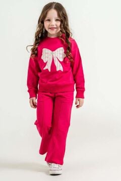 Kız Çocuk Göğsü Kurdela ve İnci Detaylı Manşetli Fuşya Eşofman Takımı