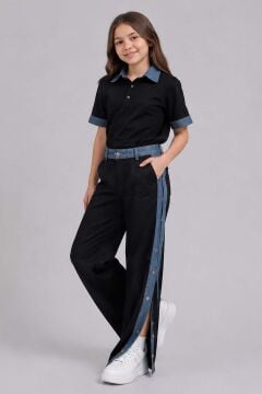 Kız Çocuk Polo Yaka Kol Uçları Jean Detaylı T-shirt Boydan Cıtcıt Yırtmaç Detaylı Siyah Alt Üst Takım