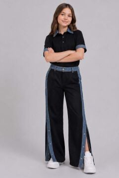 Kız Çocuk Polo Yaka Kol Uçları Jean Detaylı T-shirt Boydan Cıtcıt Yırtmaç Detaylı Siyah Alt Üst Takım