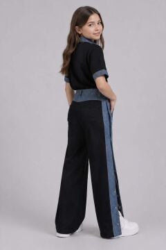 Kız Çocuk Polo Yaka Kol Uçları Jean Detaylı T-shirt Boydan Cıtcıt Yırtmaç Detaylı Siyah Alt Üst Takım