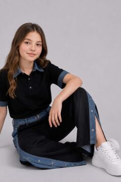 Kız Çocuk Polo Yaka Kol Uçları Jean Detaylı T-shirt Boydan Cıtcıt Yırtmaç Detaylı Siyah Alt Üst Takım
