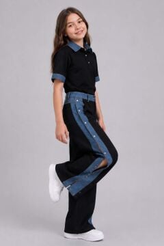 Kız Çocuk Polo Yaka Kol Uçları Jean Detaylı T-shirt Boydan Cıtcıt Yırtmaç Detaylı Siyah Alt Üst Takım
