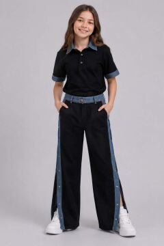 Kız Çocuk Polo Yaka Kol Uçları Jean Detaylı T-shirt Boydan Cıtcıt Yırtmaç Detaylı Siyah Alt Üst Takım
