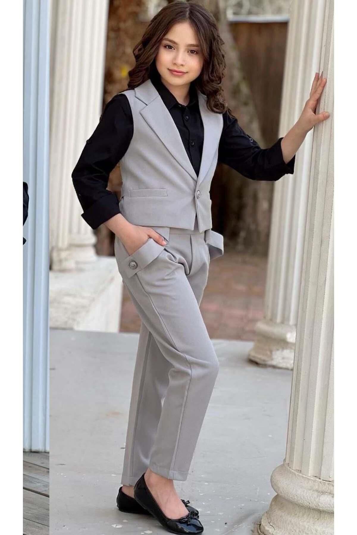 Kız Çocuk Gümüş Düğme Detaylı Yelek Gabardin Siyah Gömlek Gri Alt Üst Takım