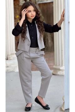 Kız Çocuk Gümüş Düğme Detaylı Yelek Gabardin Siyah Gömlek Gri Alt Üst Takım