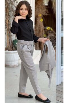 Kız Çocuk Gümüş Düğme Detaylı Yelek Gabardin Siyah Gömlek Gri Alt Üst Takım