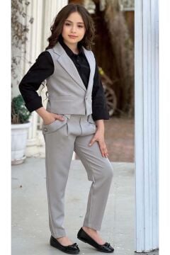 Kız Çocuk Gümüş Düğme Detaylı Yelek Gabardin Siyah Gömlek Gri Alt Üst Takım