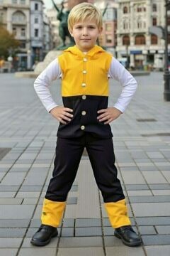 Erkek Çocuk CıtCıt Düğme ve Çift Renkli Yelek Stop Yazı Detaylı Penye Kazak Siyah Eşofman Takım