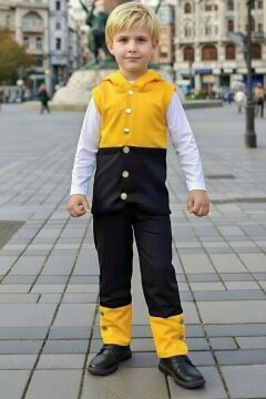 Erkek Çocuk CıtCıt Düğme ve Çift Renkli Yelek Stop Yazı Detaylı Penye Kazak Siyah Eşofman Takım