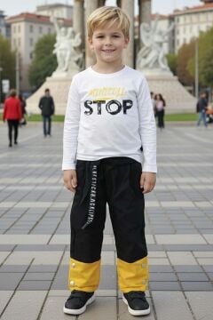 Erkek Çocuk CıtCıt Düğme ve Çift Renkli Yelek Stop Yazı Detaylı Penye Kazak Siyah Eşofman Takım