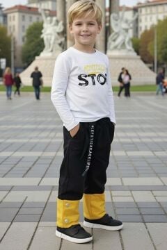 Erkek Çocuk CıtCıt Düğme ve Çift Renkli Yelek Stop Yazı Detaylı Penye Kazak Siyah Eşofman Takım