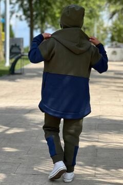 Erkek Çocuk Yazı Baskılı Kazak Çift Renk Ceket Haki-Gri Eşofman Takım