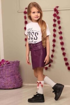 Kız Çocuk Little Yazı Baskılı T-Shirt Cep Detaylı Kemerli Bordo Deri Etekli Takım