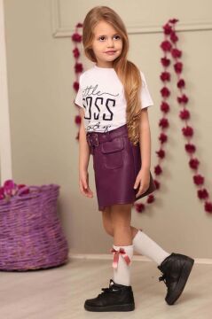Kız Çocuk Little Yazı Baskılı T-Shirt Cep Detaylı Kemerli Bordo Deri Etekli Takım