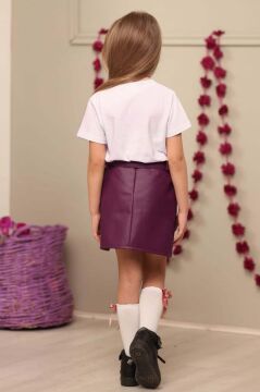 Kız Çocuk Little Yazı Baskılı T-Shirt Cep Detaylı Kemerli Bordo Deri Etekli Takım