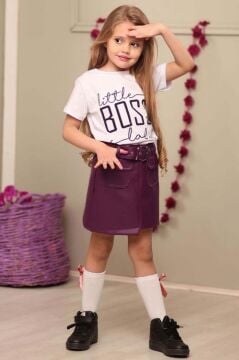 Kız Çocuk Little Yazı Baskılı T-Shirt Cep Detaylı Kemerli Bordo Deri Etekli Takım