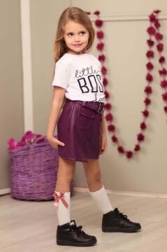 Kız Çocuk Little Yazı Baskılı T-Shirt Cep Detaylı Kemerli Bordo Deri Etekli Takım